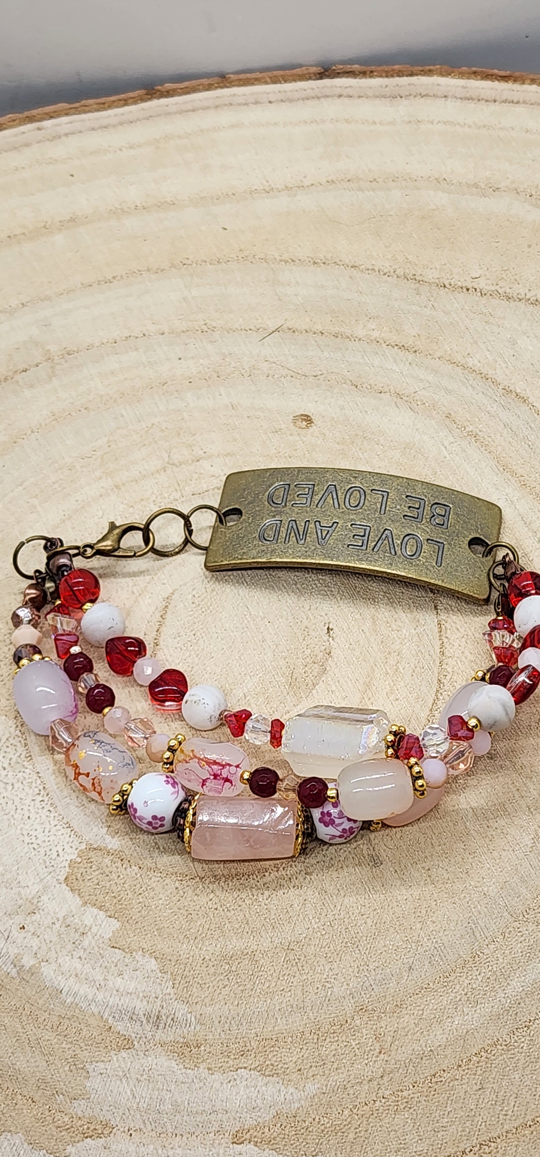 Handmade LOVE AND BE LOVED Inspirational Bracelet  Red, Pink & Gold Beaded Jewelry  Valentine's Gift for Her