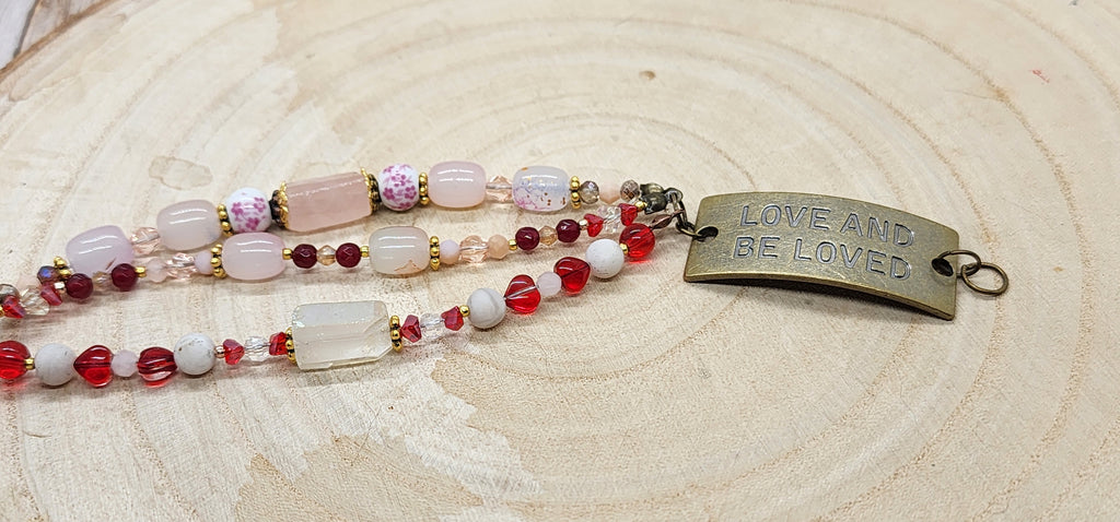 Handmade LOVE AND BE LOVED Inspirational Bracelet  Red, Pink & Gold Beaded Jewelry  Valentine's Gift for Her