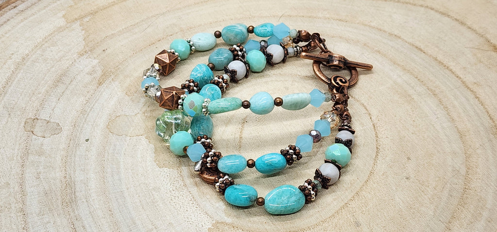 Turquoise and Copper Leaf Charm Bracelet  Handmade Boho Jewelry with Natural Stone Beads