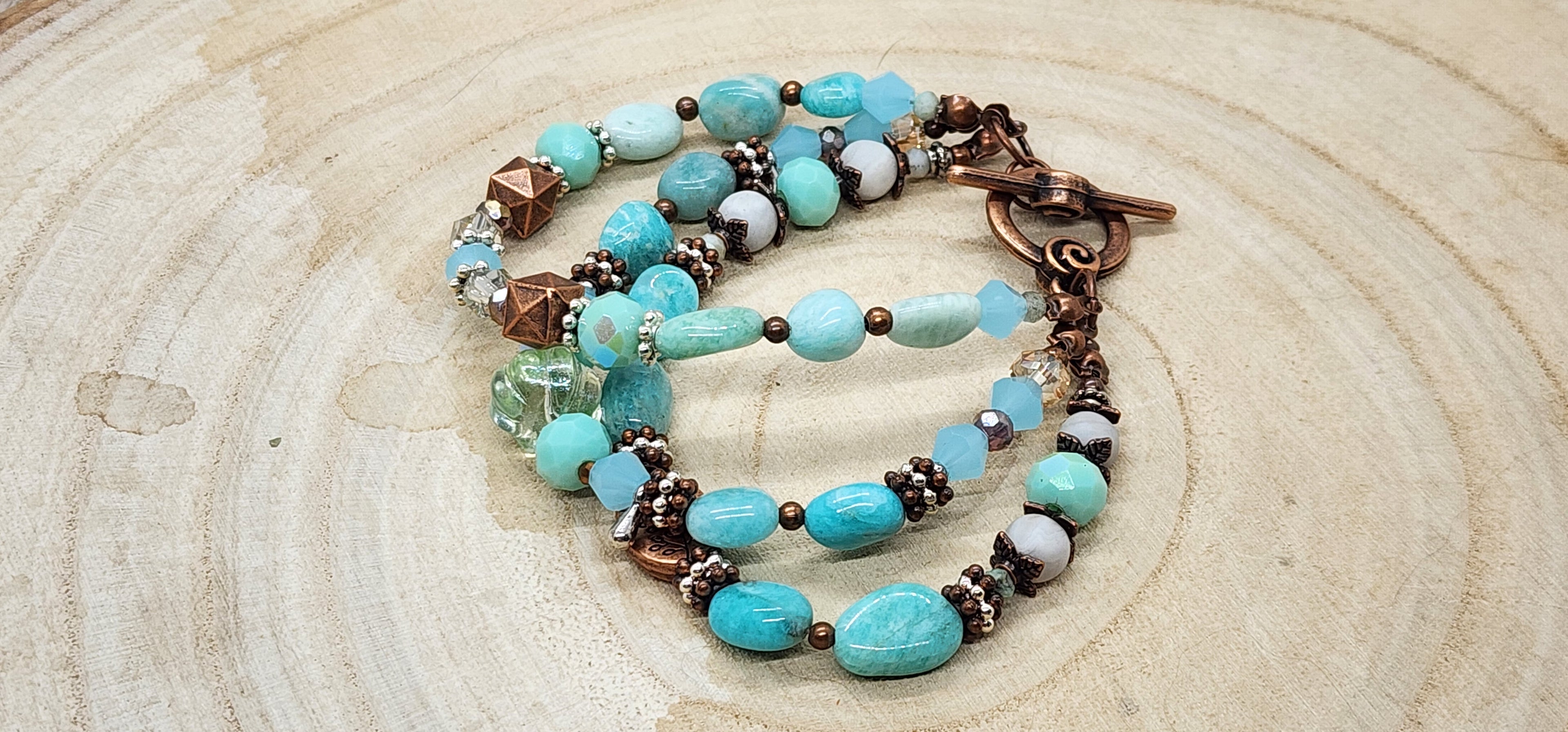 Turquoise and Copper Leaf Charm Bracelet  Handmade Boho Jewelry with Natural Stone Beads