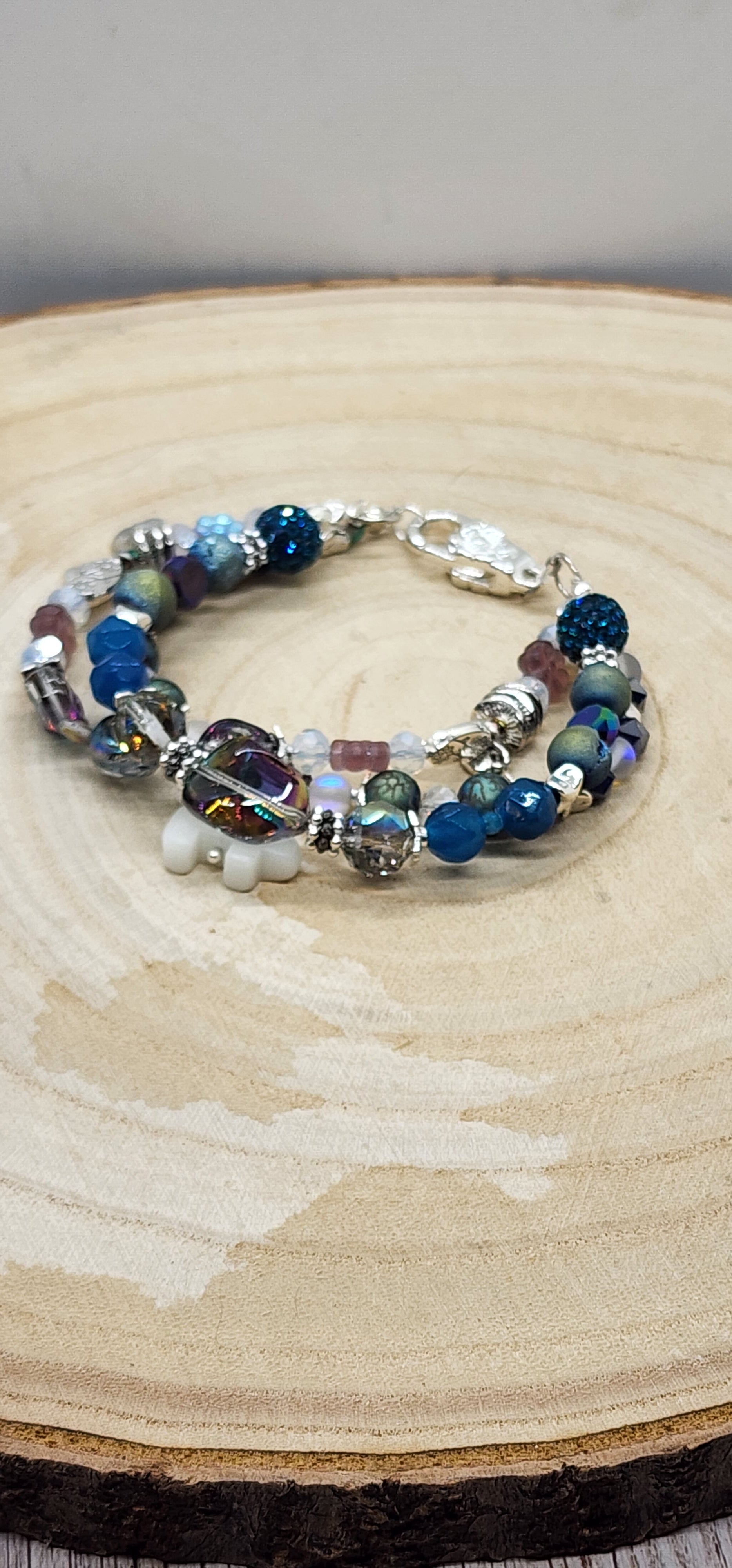 Bear Charm & Floral Beaded Bracelet Whimsical Handmade Jewelry Set with Heart & Flower Accents