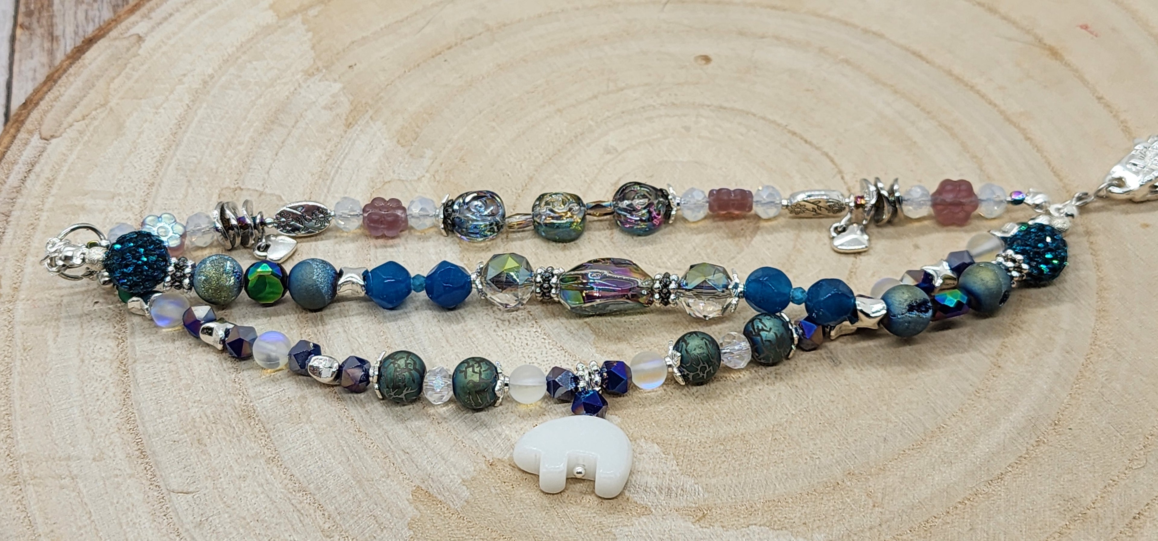 Bear Charm & Floral Beaded Bracelet Whimsical Handmade Jewelry Set with Heart & Flower Accents