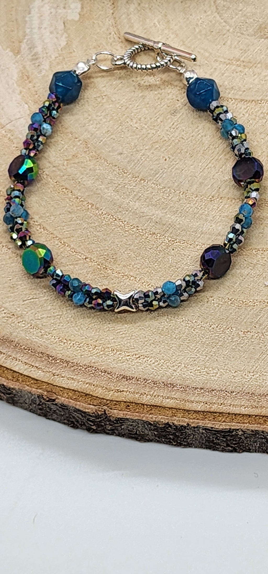Boho Blue Gemstone & Crystal Beaded Bracelet  Iridescent Sparkle Bracelet with Toggle Clasp | Handmade Layered Bracelet for Women
