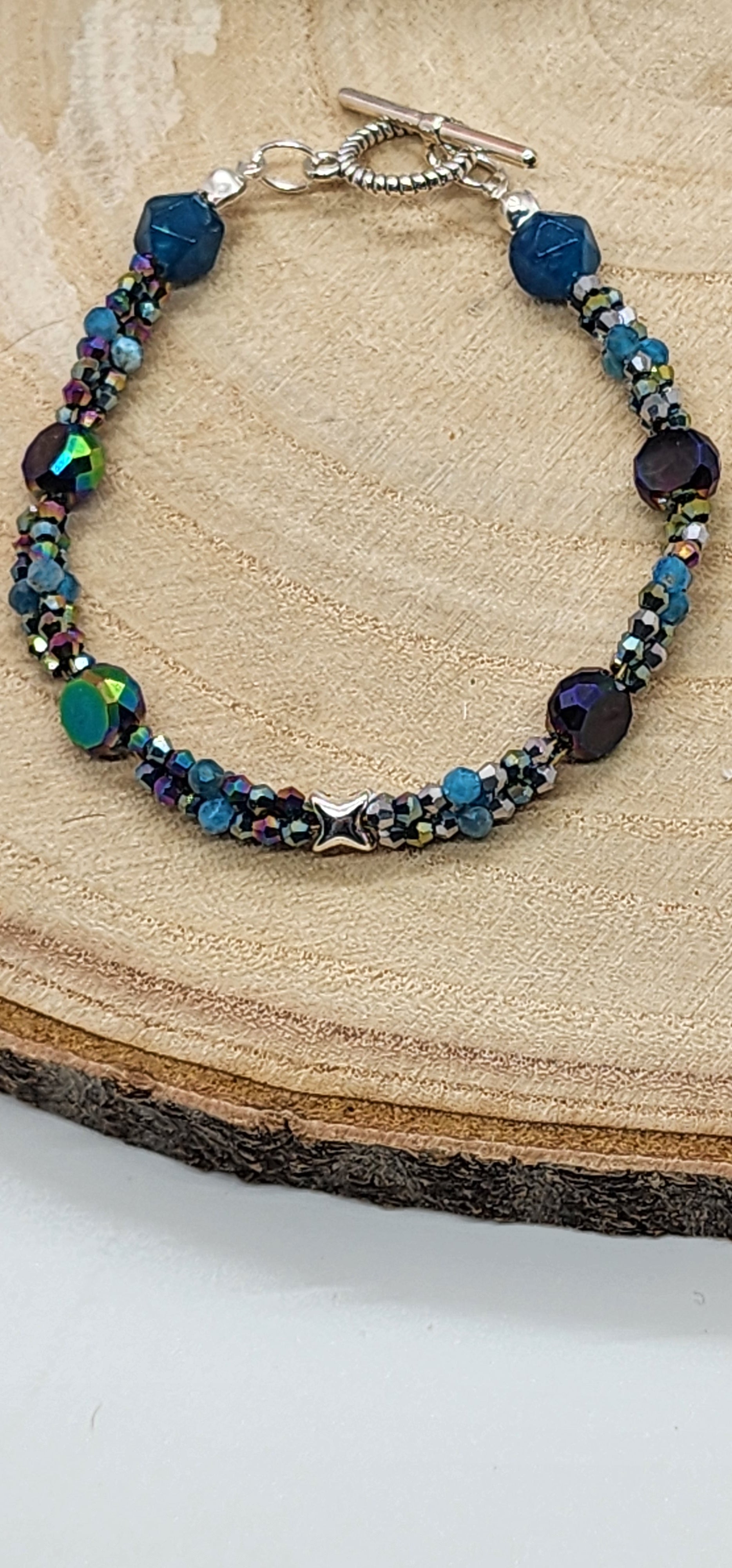 Boho Blue Gemstone & Crystal Beaded Bracelet  Iridescent Sparkle Bracelet with Toggle Clasp | Handmade Layered Bracelet for Women