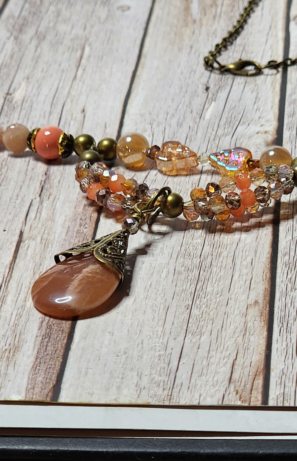 Handmade Peach Sunstone & Floral Beaded Necklace with Gemstone Pendant | Boho Statement Necklace | OOAK Artisan Jewelry Gift for Her