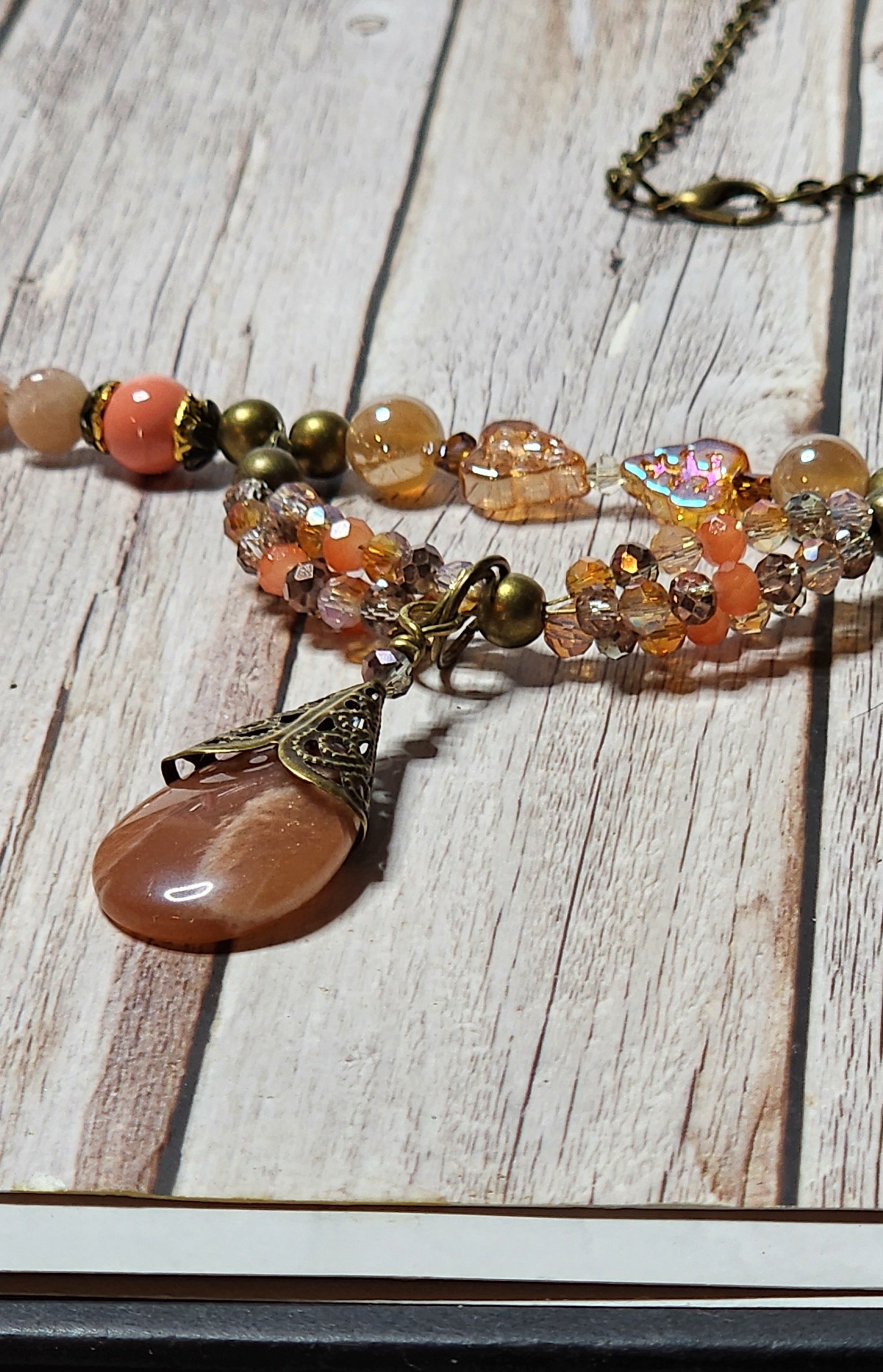 Handmade Peach Sunstone & Floral Beaded Necklace with Gemstone Pendant | Boho Statement Necklace | OOAK Artisan Jewelry Gift for Her