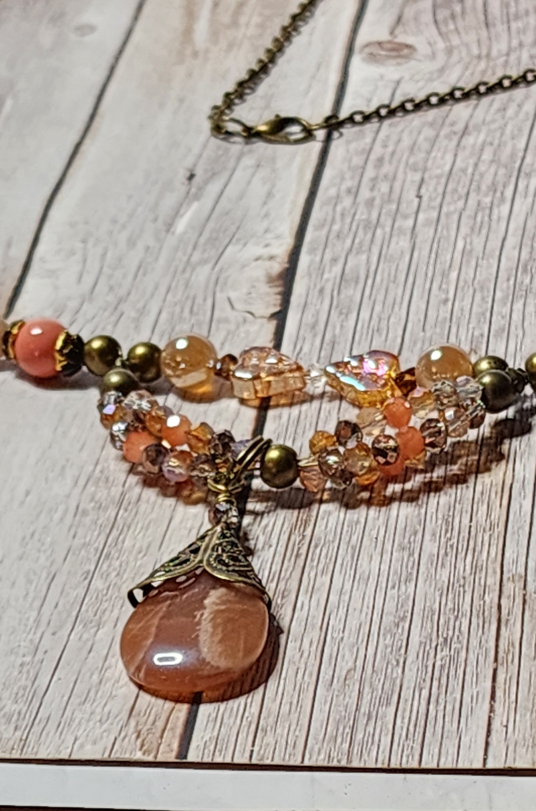 Handmade Peach Sunstone & Floral Beaded Necklace with Gemstone Pendant | Boho Statement Necklace | OOAK Artisan Jewelry Gift for Her