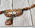 Handmade Peach Sunstone & Floral Beaded Necklace with Gemstone Pendant | Boho Statement Necklace | OOAK Artisan Jewelry Gift for Her