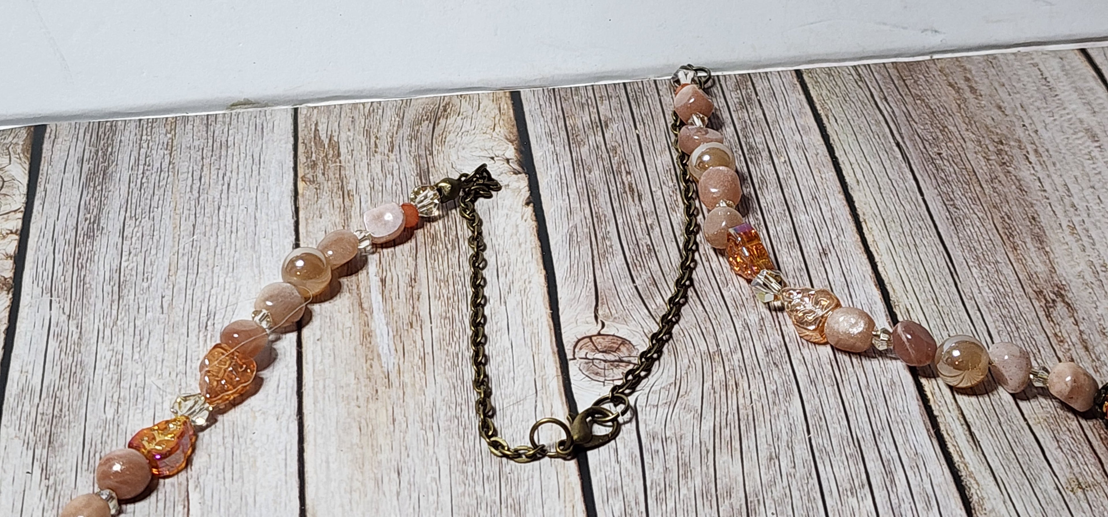 Handmade Peach Sunstone & Floral Beaded Necklace with Gemstone Pendant | Boho Statement Necklace | OOAK Artisan Jewelry Gift for Her