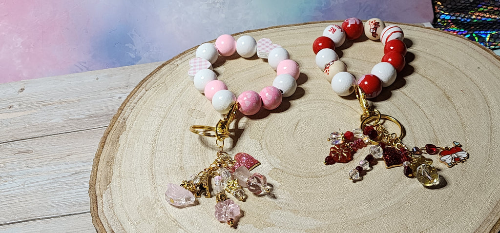Valentine Beaded Keychain Bracelet  Heart Charms, Pink & Red Wristlet Gift for Her