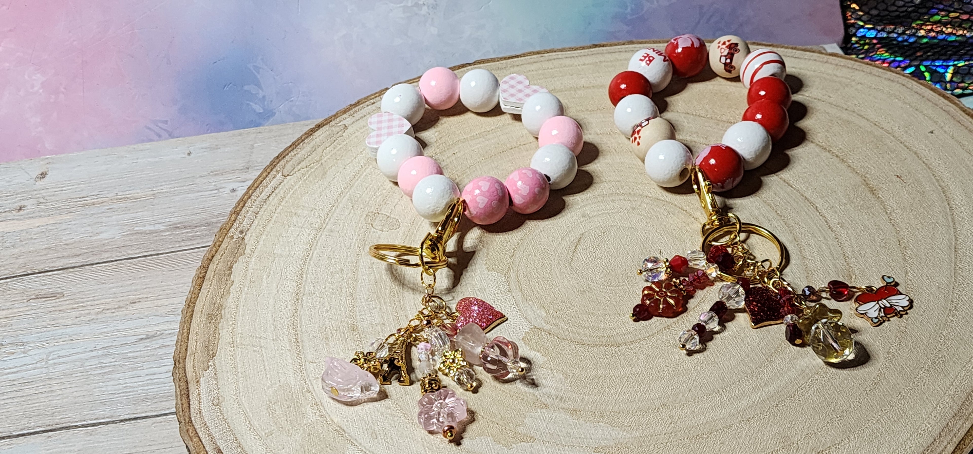 Valentine Beaded Keychain Bracelet  Heart Charms, Pink & Red Wristlet Gift for Her