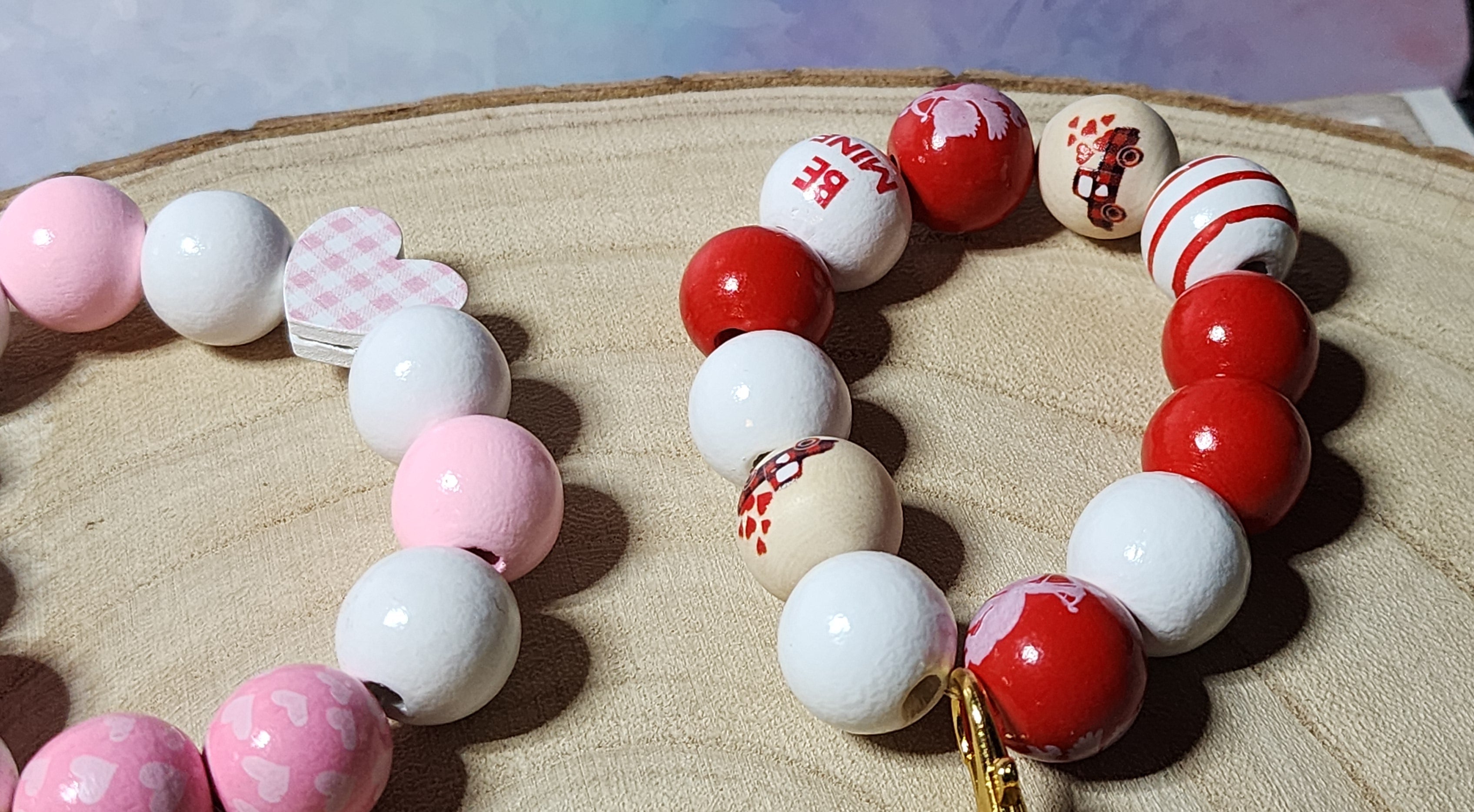 Valentine Beaded Keychain Bracelet  Heart Charms, Pink & Red Wristlet Gift for Her