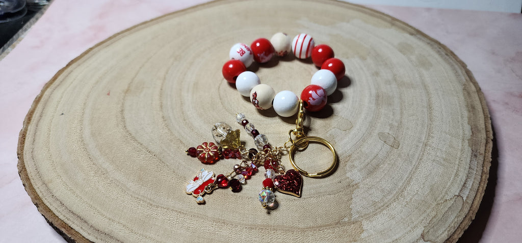 Valentine Beaded Keychain Bracelet  Heart Charms, Pink & Red Wristlet Gift for Her