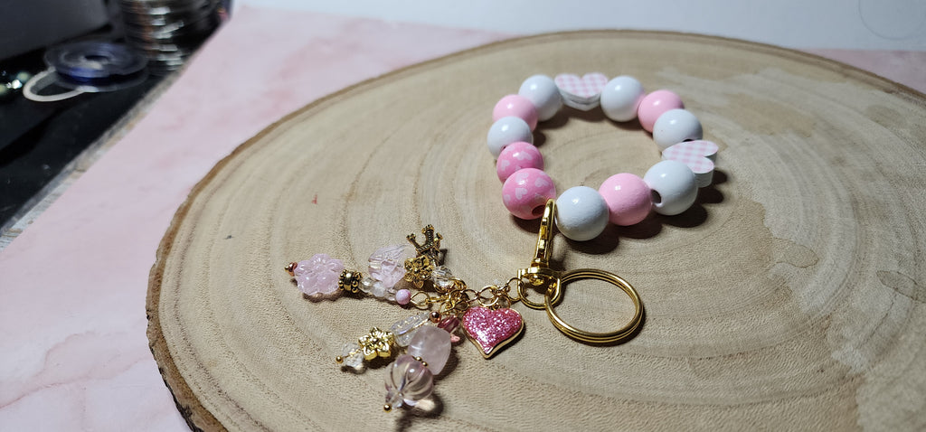 Valentine Beaded Keychain Bracelet  Heart Charms, Pink & Red Wristlet Gift for Her