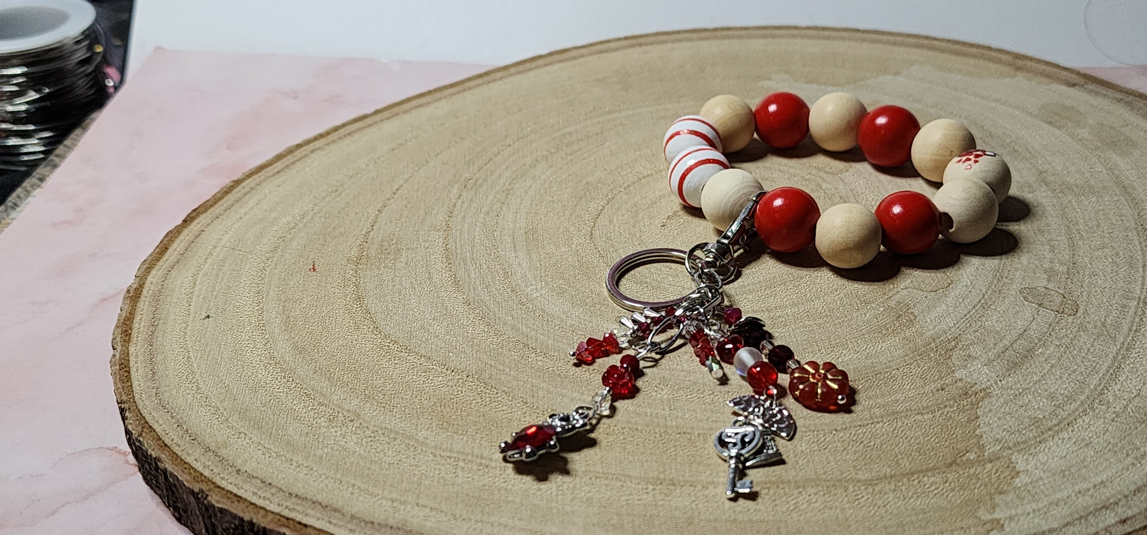 Valentine Beaded Keychain Bracelet  Heart Charms, Pink & Red Wristlet Gift for Her