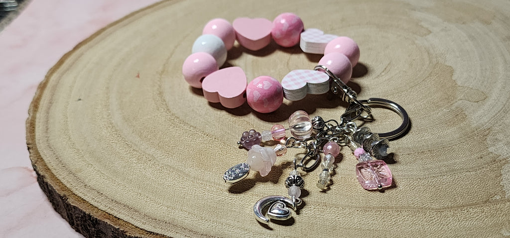 Valentine Beaded Keychain Bracelet  Heart Charms, Pink & Red Wristlet Gift for Her