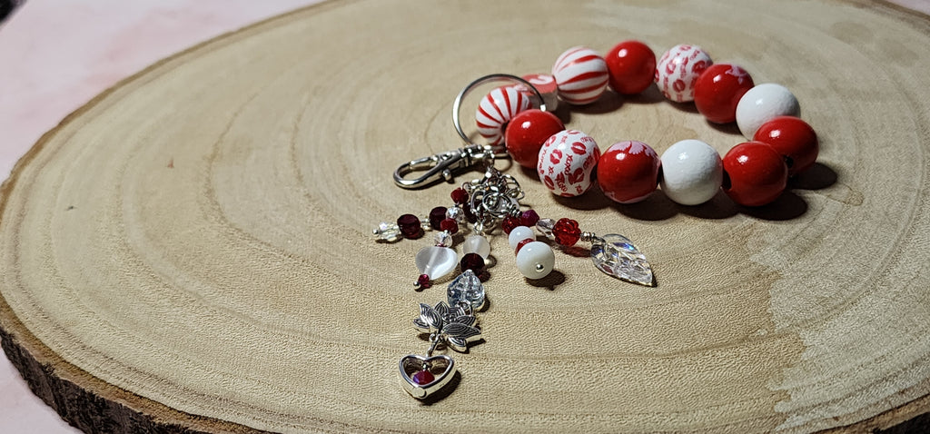Valentine Beaded Keychain Bracelet  Heart Charms, Pink & Red Wristlet Gift for Her