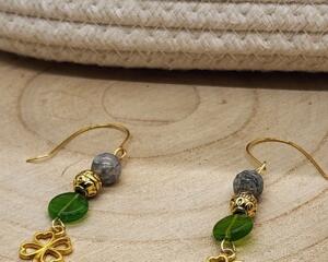 Shamrock Earrings with Green Glass and Moss Agate Lucky Four Leaf Clover Dangle Earrings St. Patrick's Day Jewelry Gift for Her