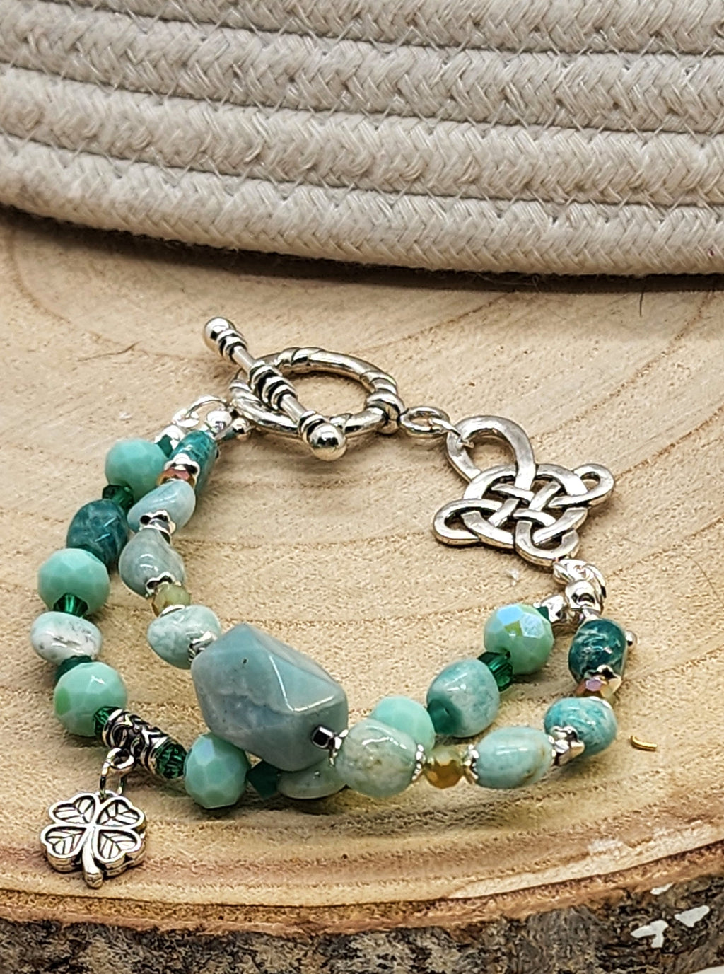 Double Strand Amazonite St. Patrick's Day Bracelet with Silver Leaf Charm  Handmade Gemstone Jewelry