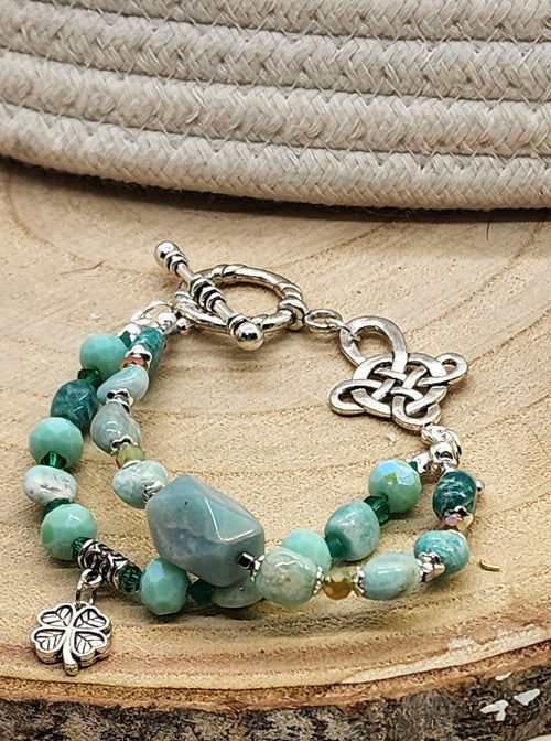 Double Strand Amazonite St. Patrick's Day Bracelet with Silver Leaf Charm  Handmade Gemstone Jewelry