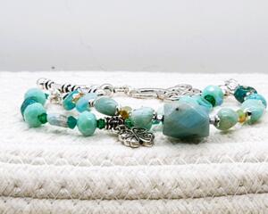 Double Strand Amazonite St. Patrick's Day Bracelet with Silver Leaf Charm  Handmade Gemstone Jewelry