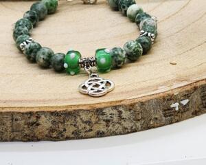 Handcrafted Green Tree Agate beaded bracelet with Celtic charm