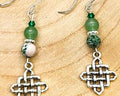 Handmade St. Patricks Day Moss Agate gemstone and green glass earrings with Celtic knot charm