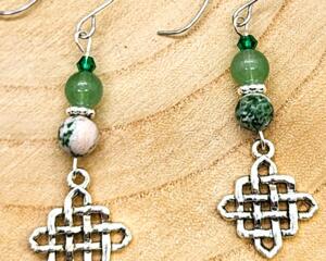 Handmade St. Patricks Day Moss Agate gemstone and green glass earrings with Celtic knot charm