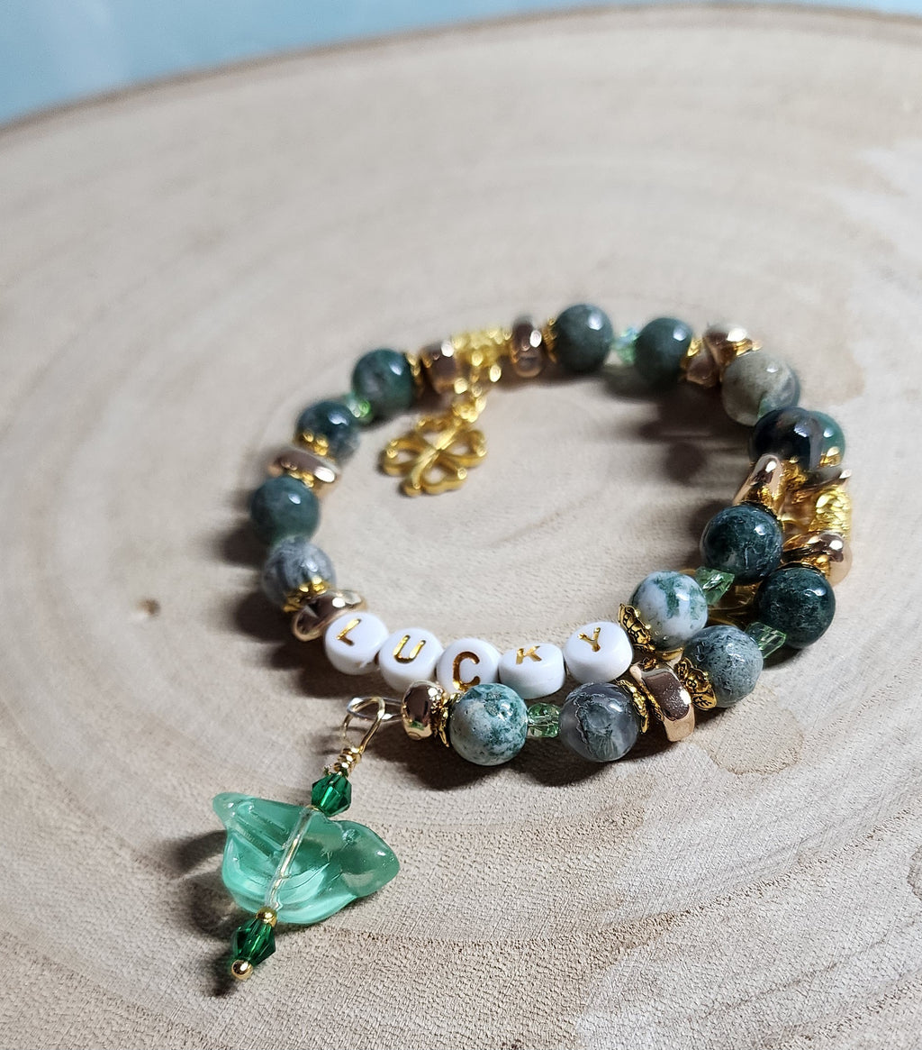Lucky St. Patrick’s Day Memory Wire Bracelets – Green Gemstone & Gold Charm Stack