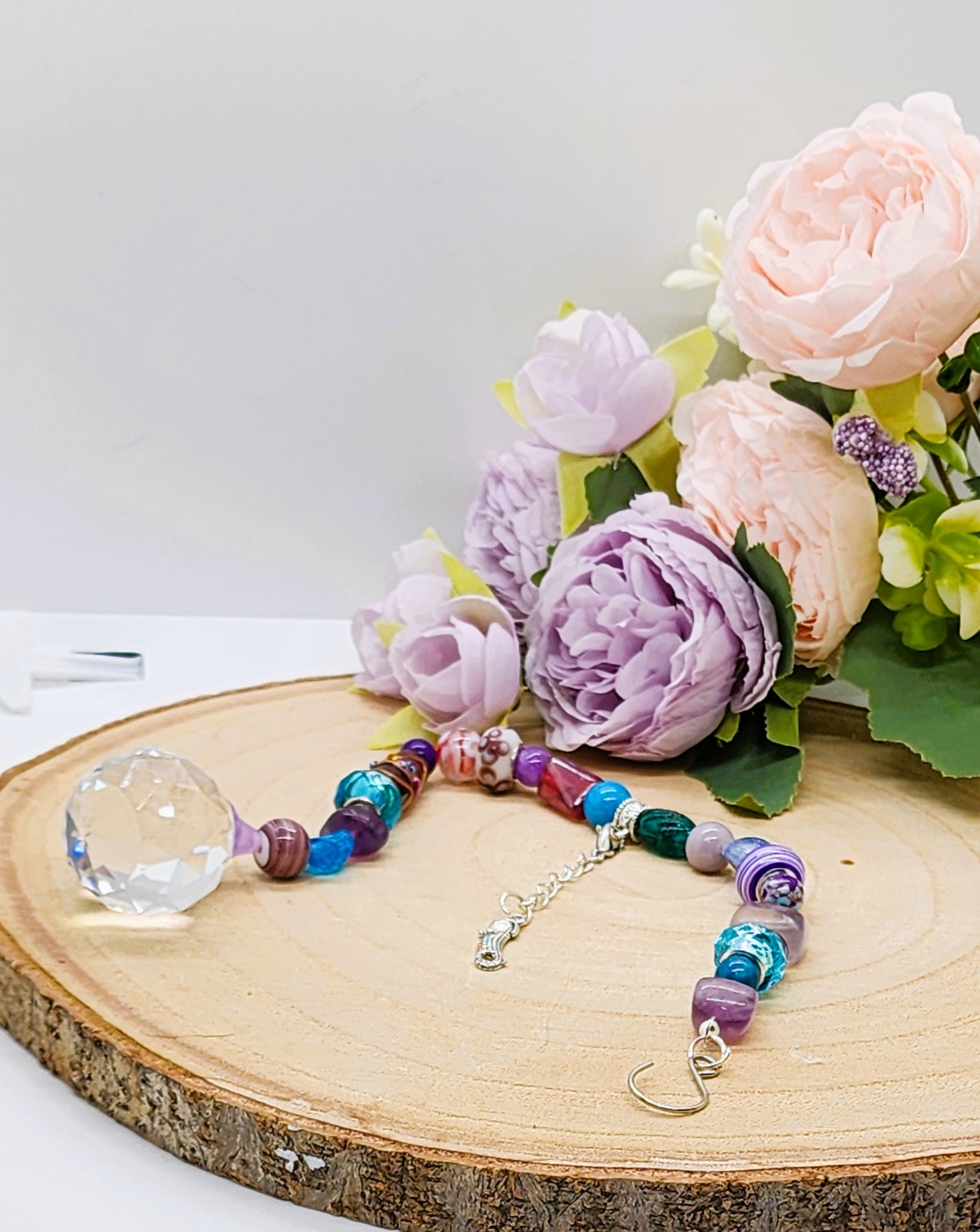 Handmade Glass & Gemstone Suncatcher with crystal prism ball and silver-colored charm