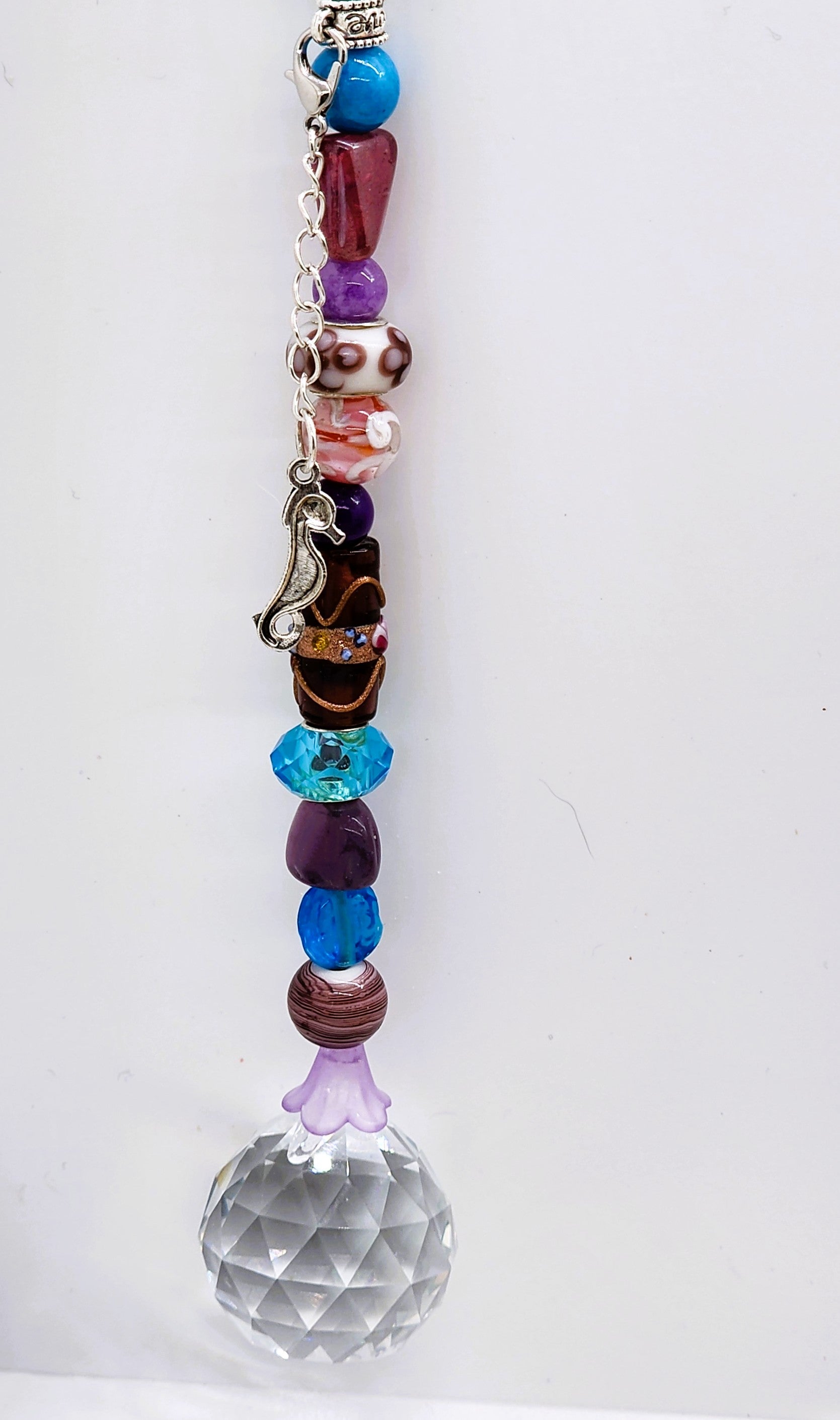 Handmade Glass & Gemstone Suncatcher with crystal prism ball and silver-colored charm