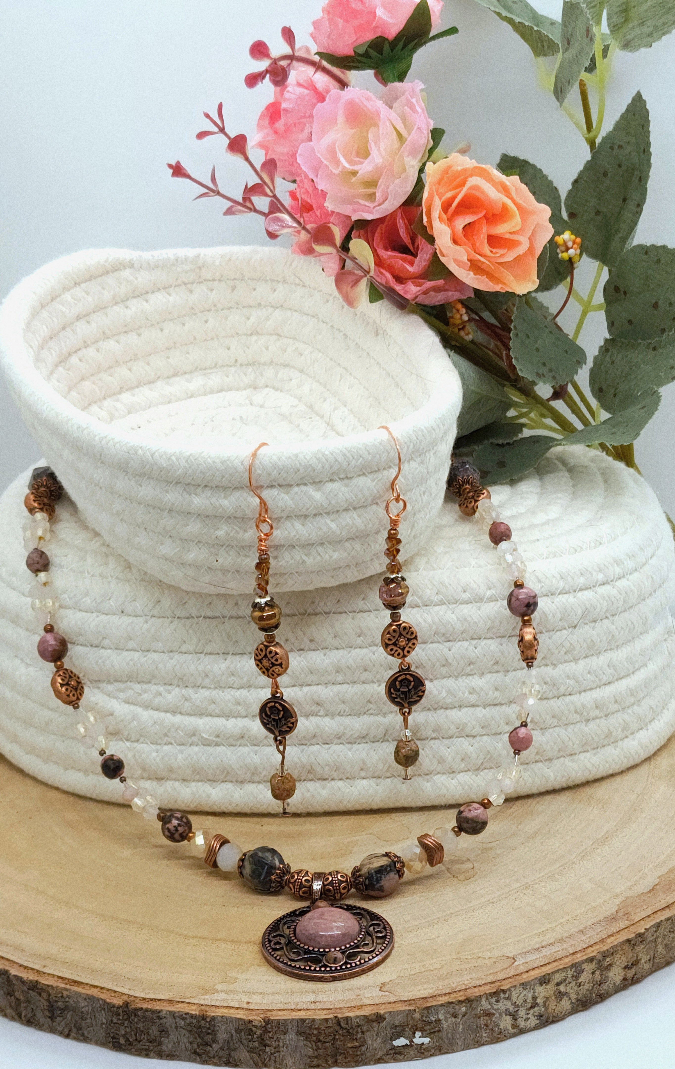 Rhodonite & Copper Necklace and Earring Set • Handmade Gemstone Jewelry • Pink Stone Pendant Set