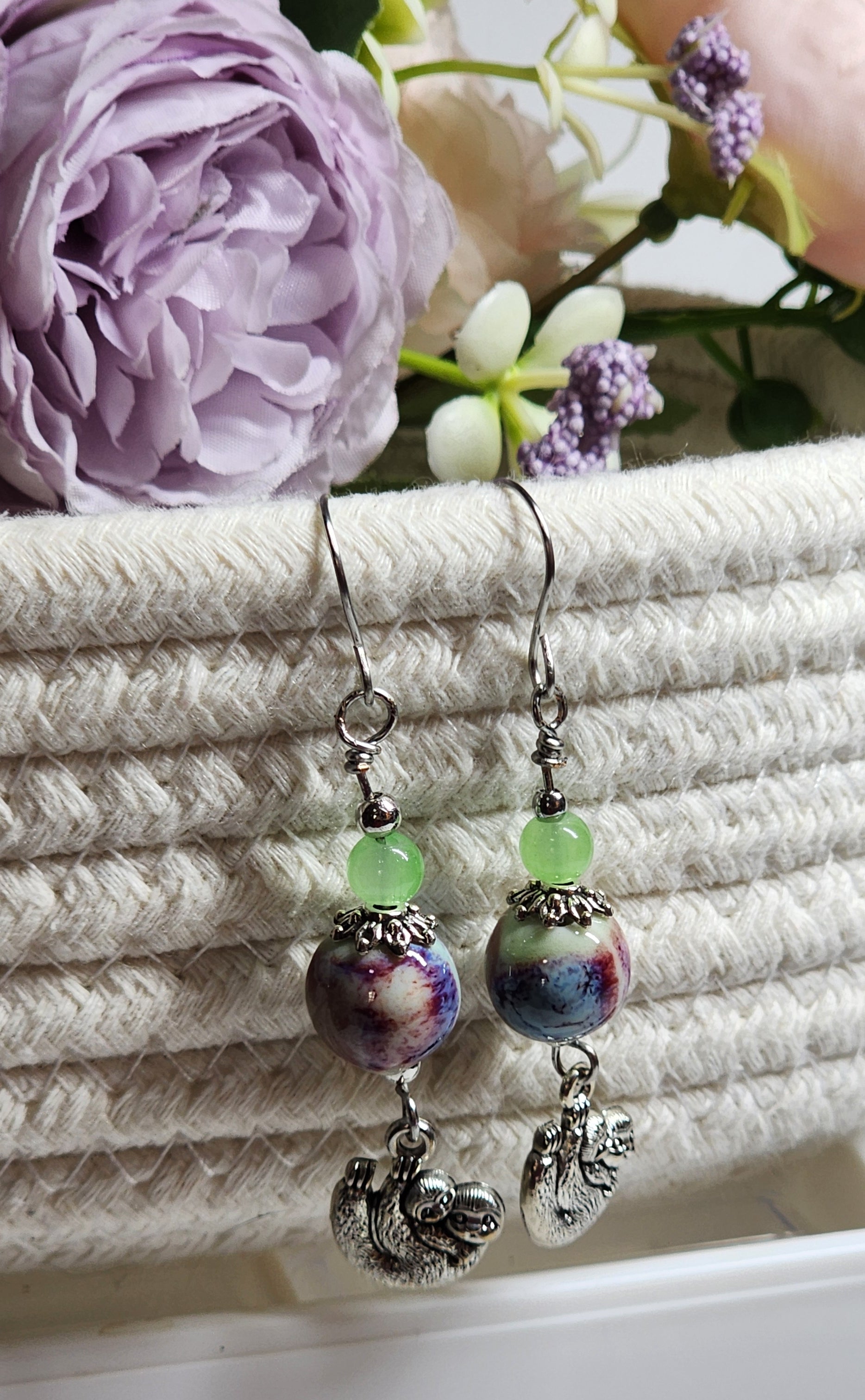 Handmade Mushroom & Sloth Dangle Earrings • Red & Floral Beaded Woodland Jewelry