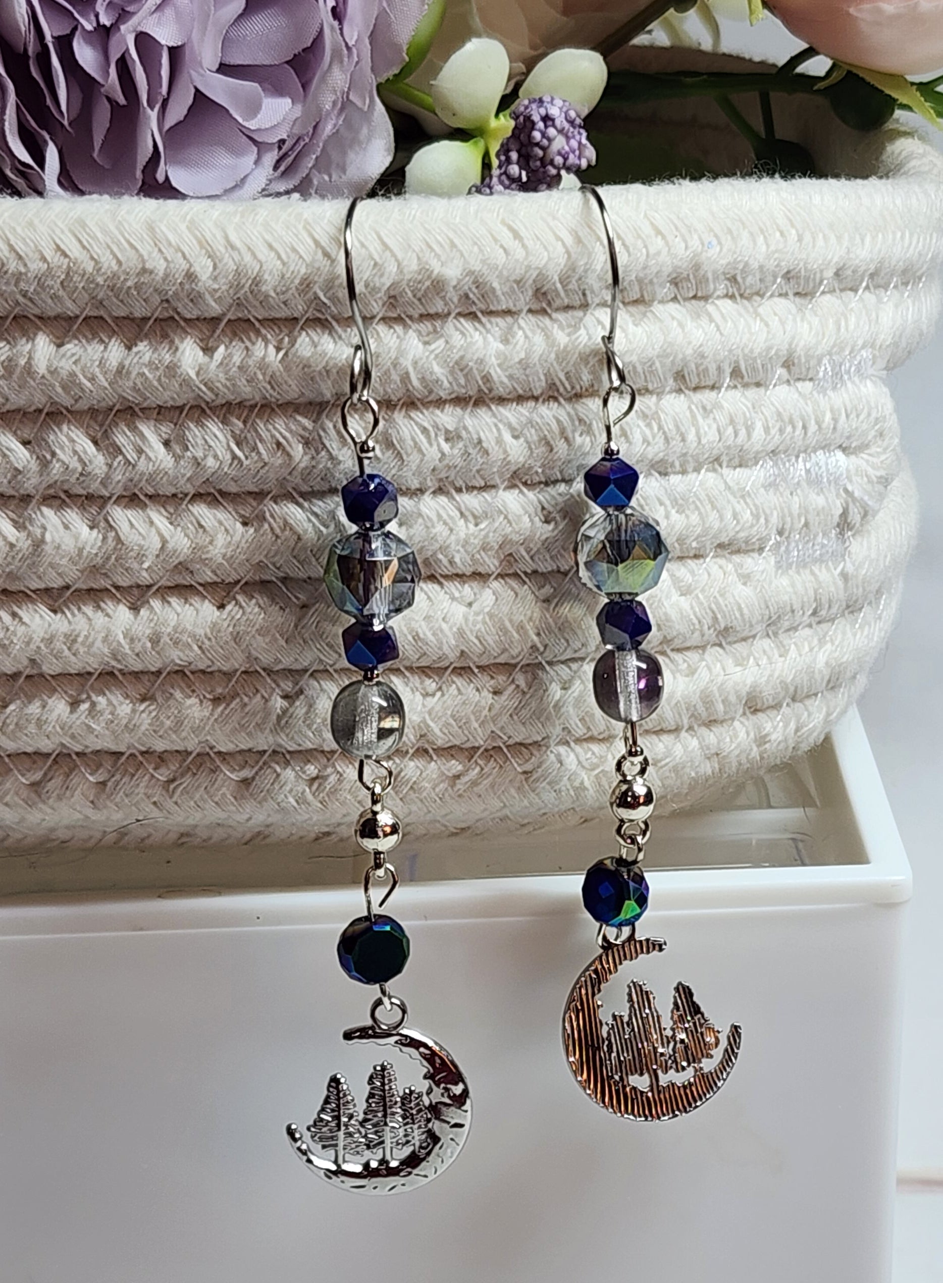 Mystic Moon & Pine Tree Dangle Earrings – Forest Night Sky Jewelry, Nature Lover Gift, Handmade Woodland Earrings