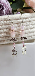 Pink Rose Quartz Kitty Cat Dangle Earrings – Cute Cat Lover Jewelry, Handmade Pink Crystal Earrings