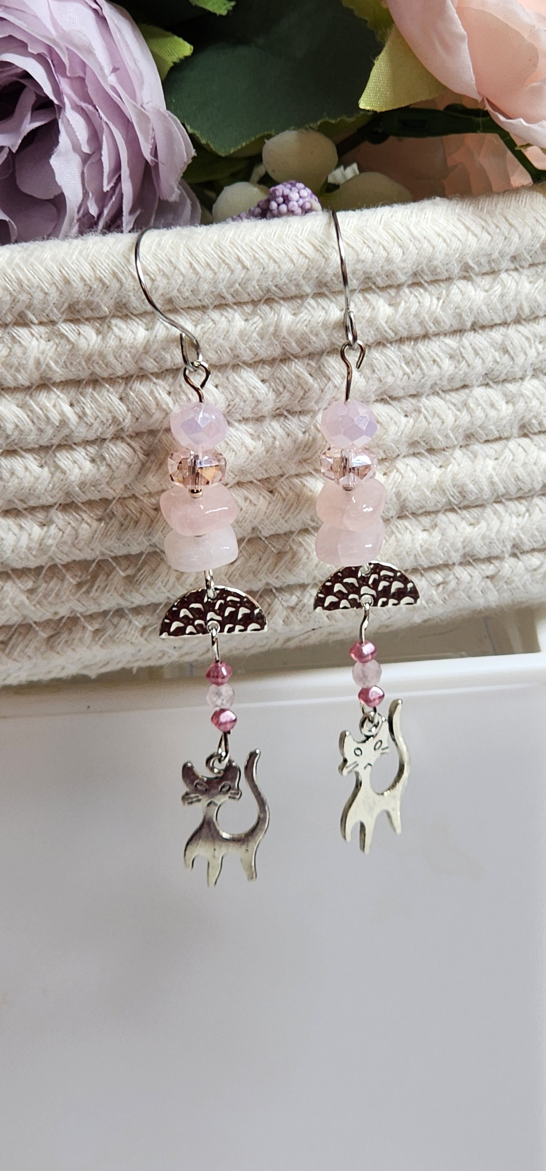 Pink Rose Quartz Kitty Cat Dangle Earrings – Cute Cat Lover Jewelry, Handmade Pink Crystal Earrings