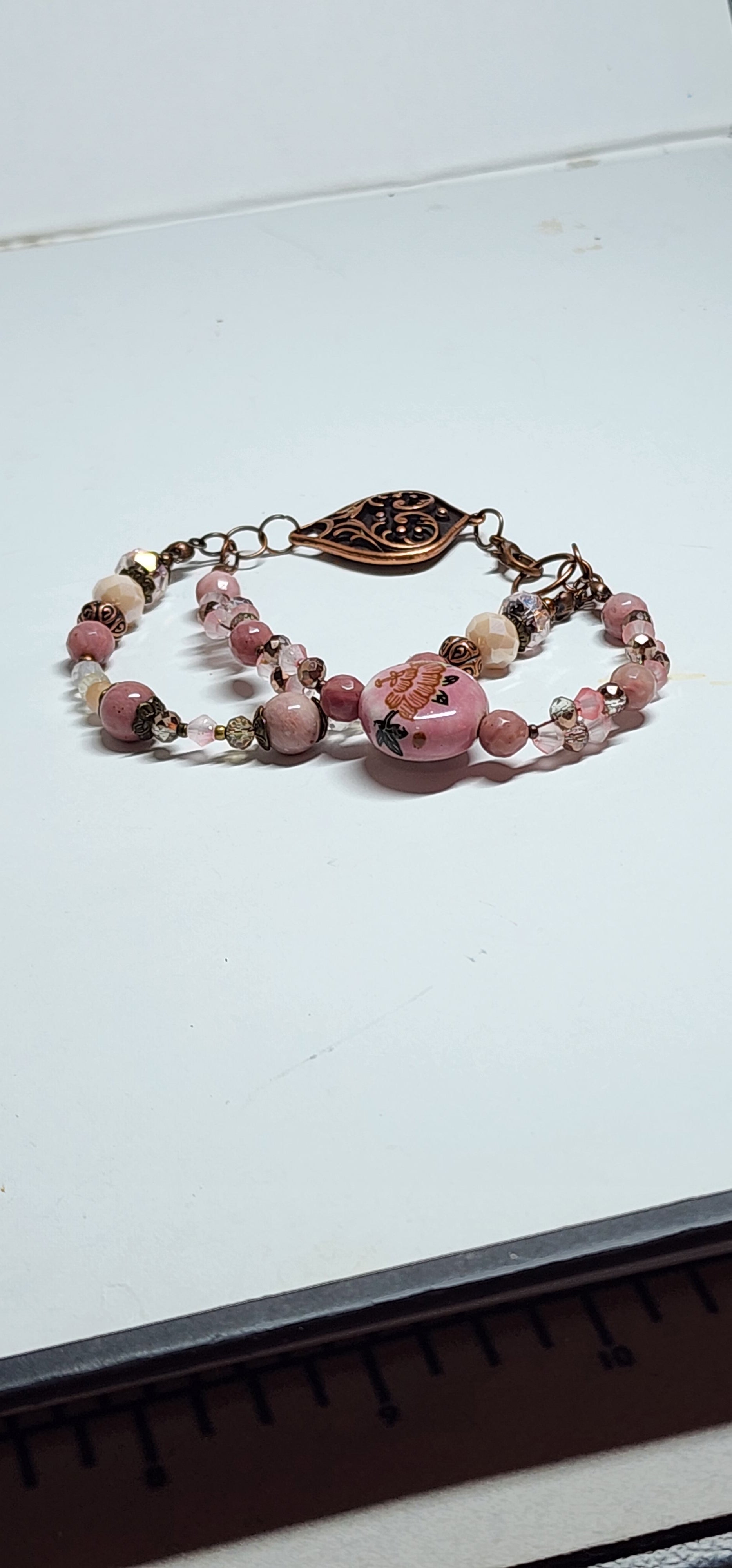Pink Beaded Rhodonite Bracelet with Pink Floral Focus Bead and  Bronze Filigree Clasp – Handmade Spring Jewelry Gift for Her