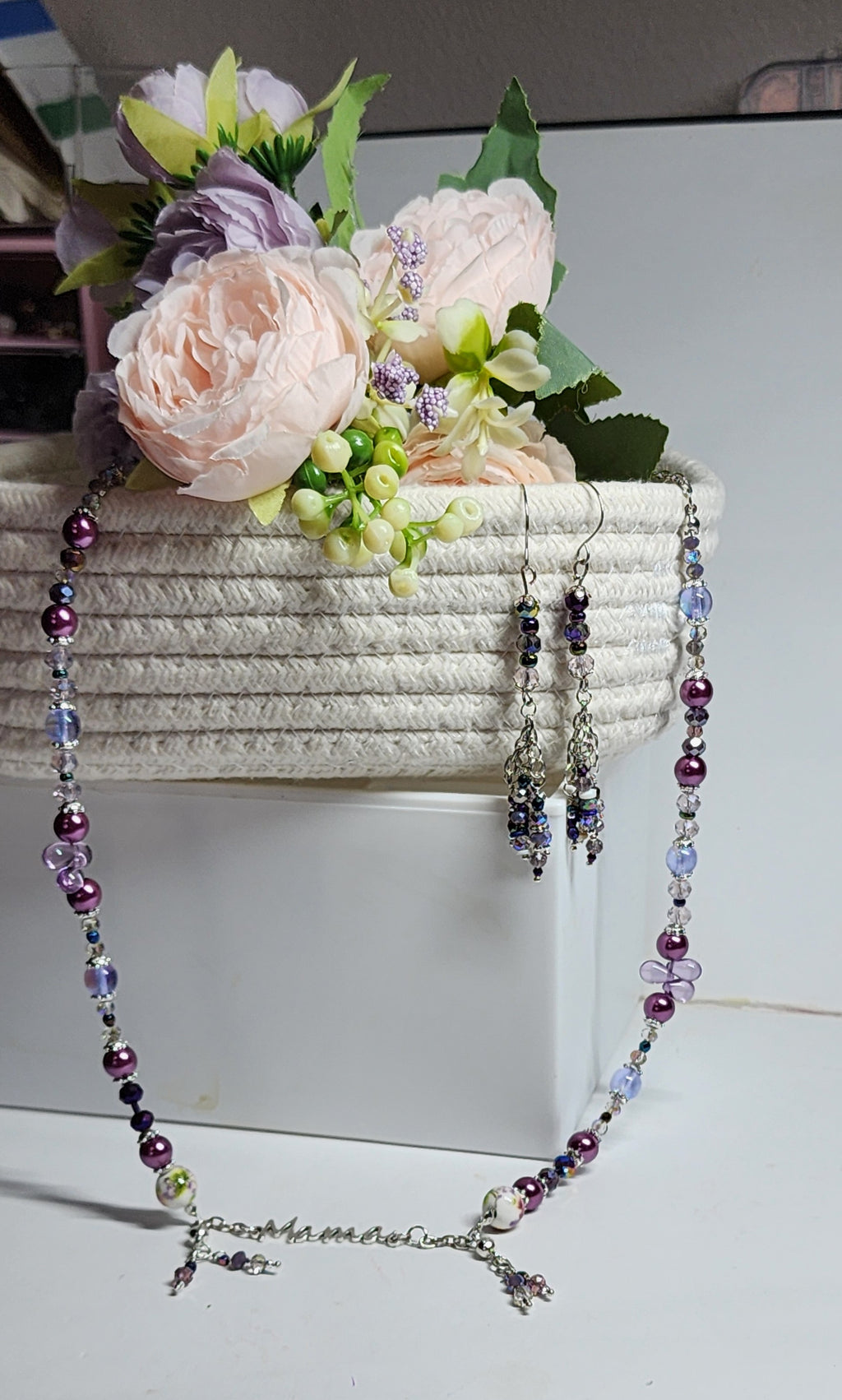 Handmade “Mama” Necklace & Earring Set • Mother’s Day Jewelry Gift • Pink or Purple/Blue Beaded Set
