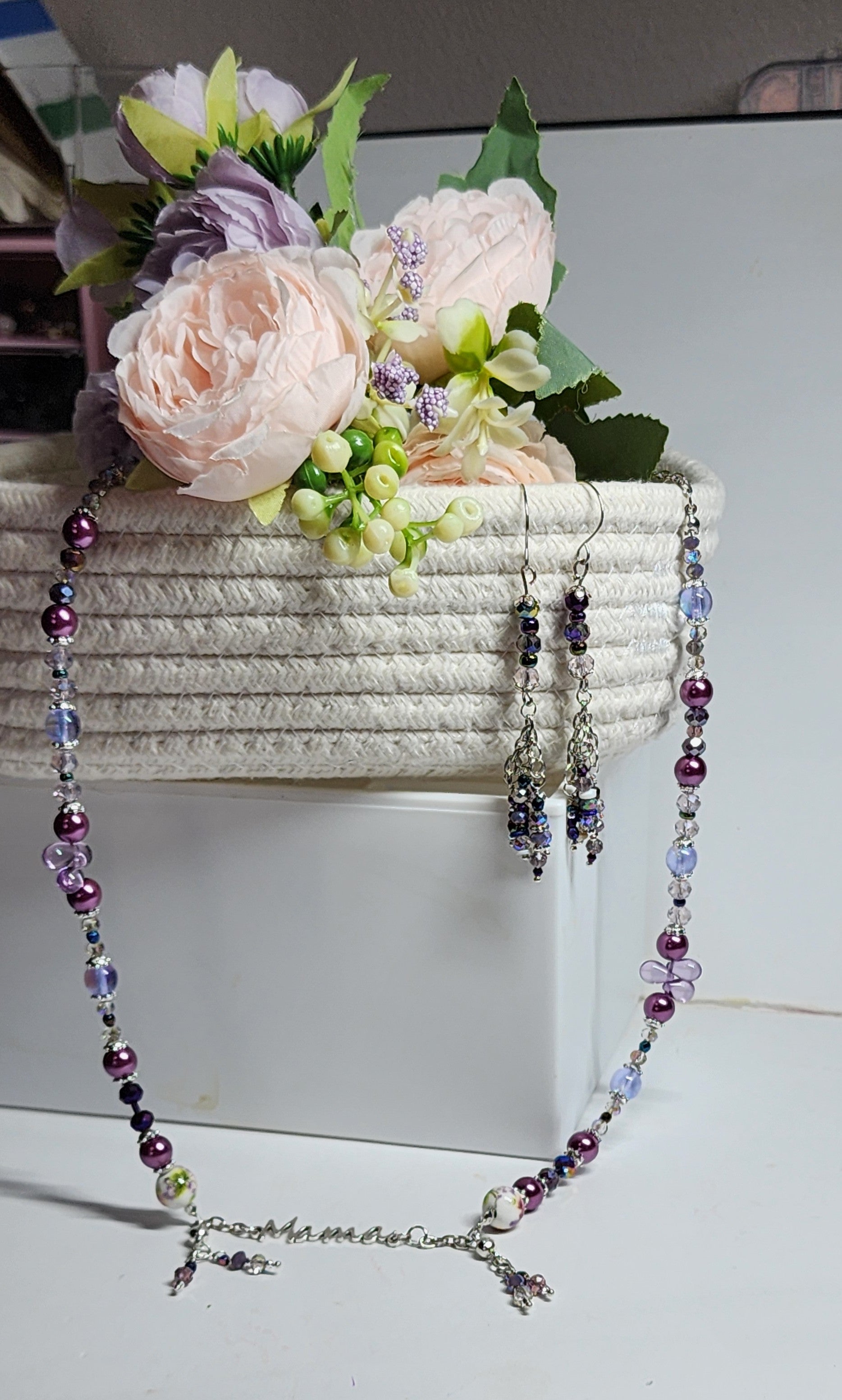 Handmade “Mama” Necklace & Earring Set • Mother’s Day Jewelry Gift • Pink or Purple/Blue Beaded Set