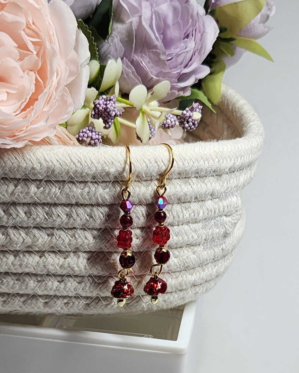Handmade Mushroom & Sloth Dangle Earrings • Red & Floral Beaded Woodland Jewelry