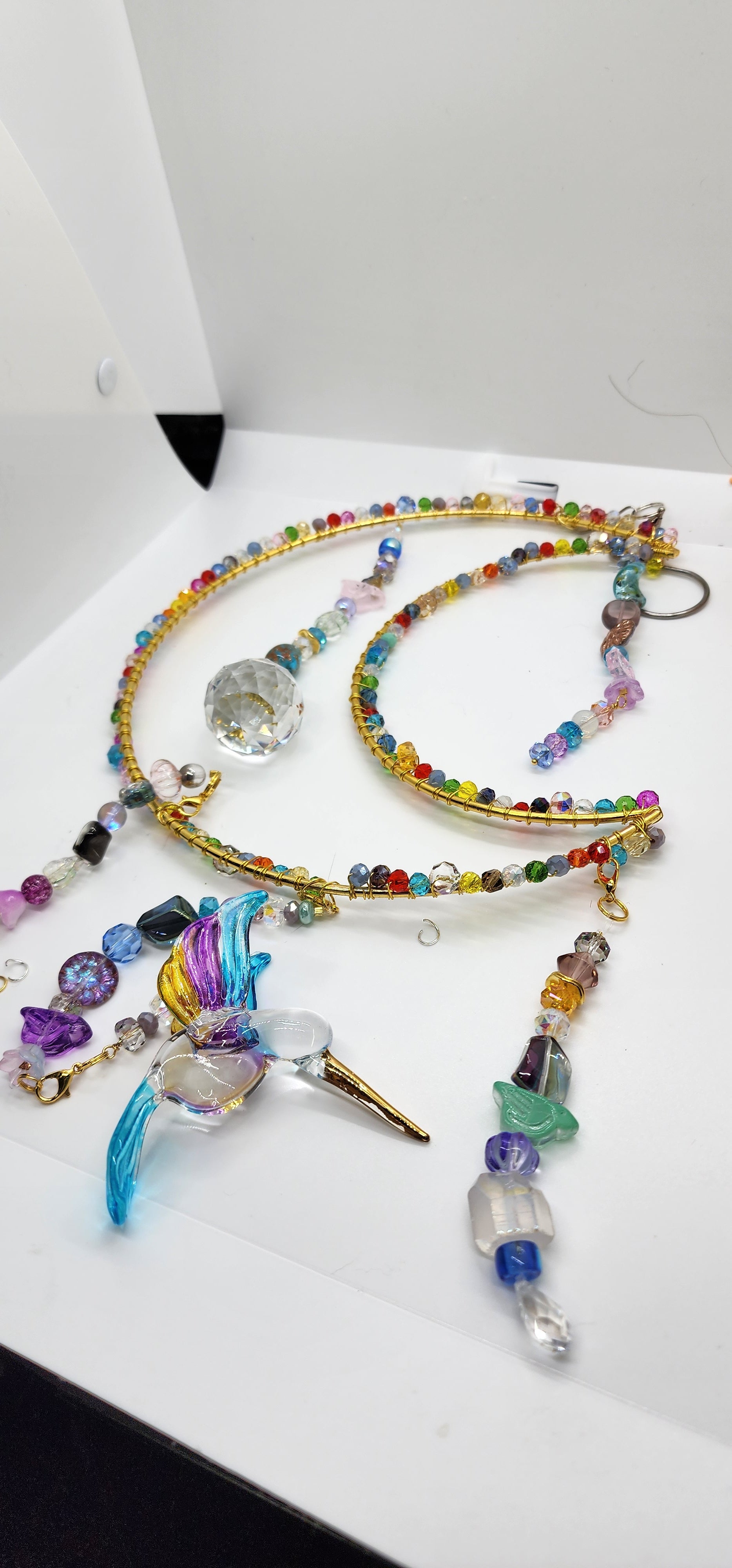 Handcrafted Hummingbird Crescent Moon Suncatcher – Crystal Beaded Window Decor, Rainbow Maker Gift