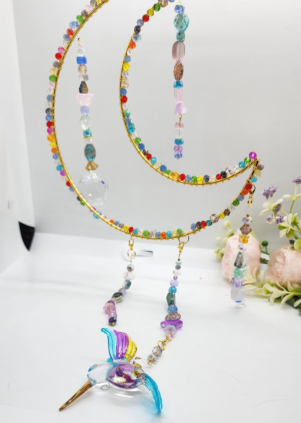 Handcrafted Hummingbird Crescent Moon Suncatcher – Crystal Beaded Window Decor, Rainbow Maker Gift
