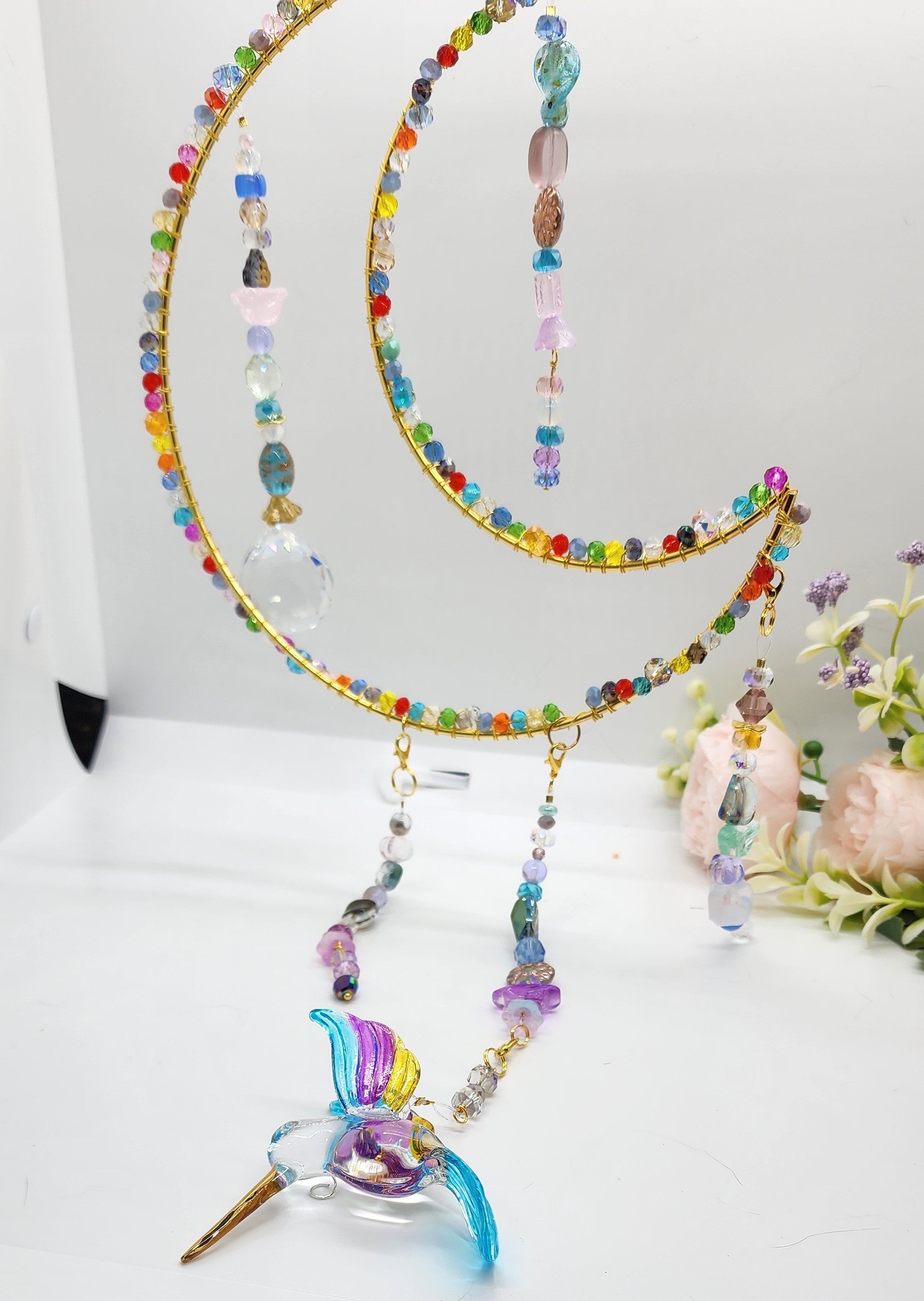 Handcrafted Hummingbird Crescent Moon Suncatcher – Crystal Beaded Window Decor, Rainbow Maker Gift