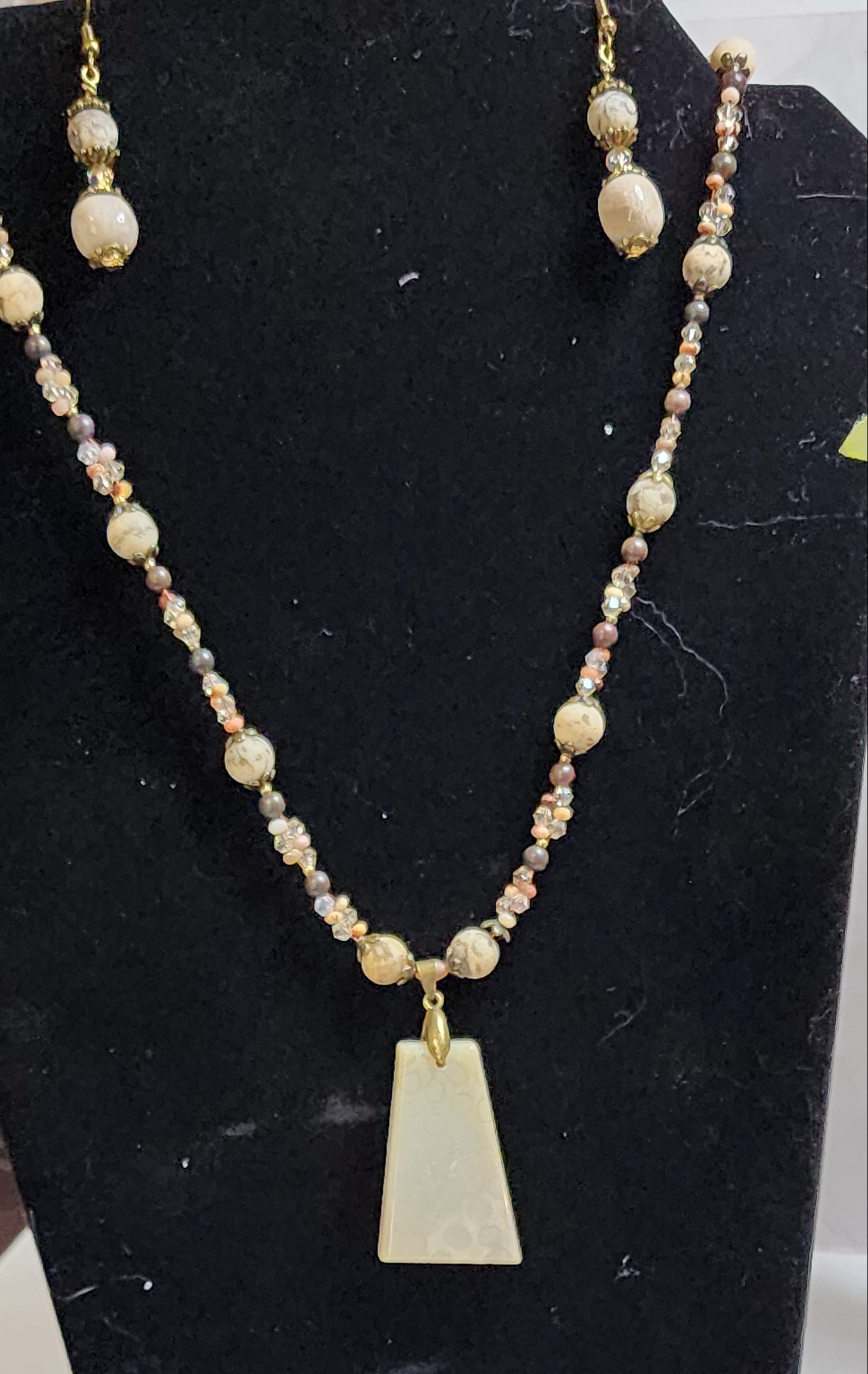 Fossil Coral & Feldspar Gemstone Jewelry Set • Handmade Necklace & Earrings • Natural Stone Artisan Gift