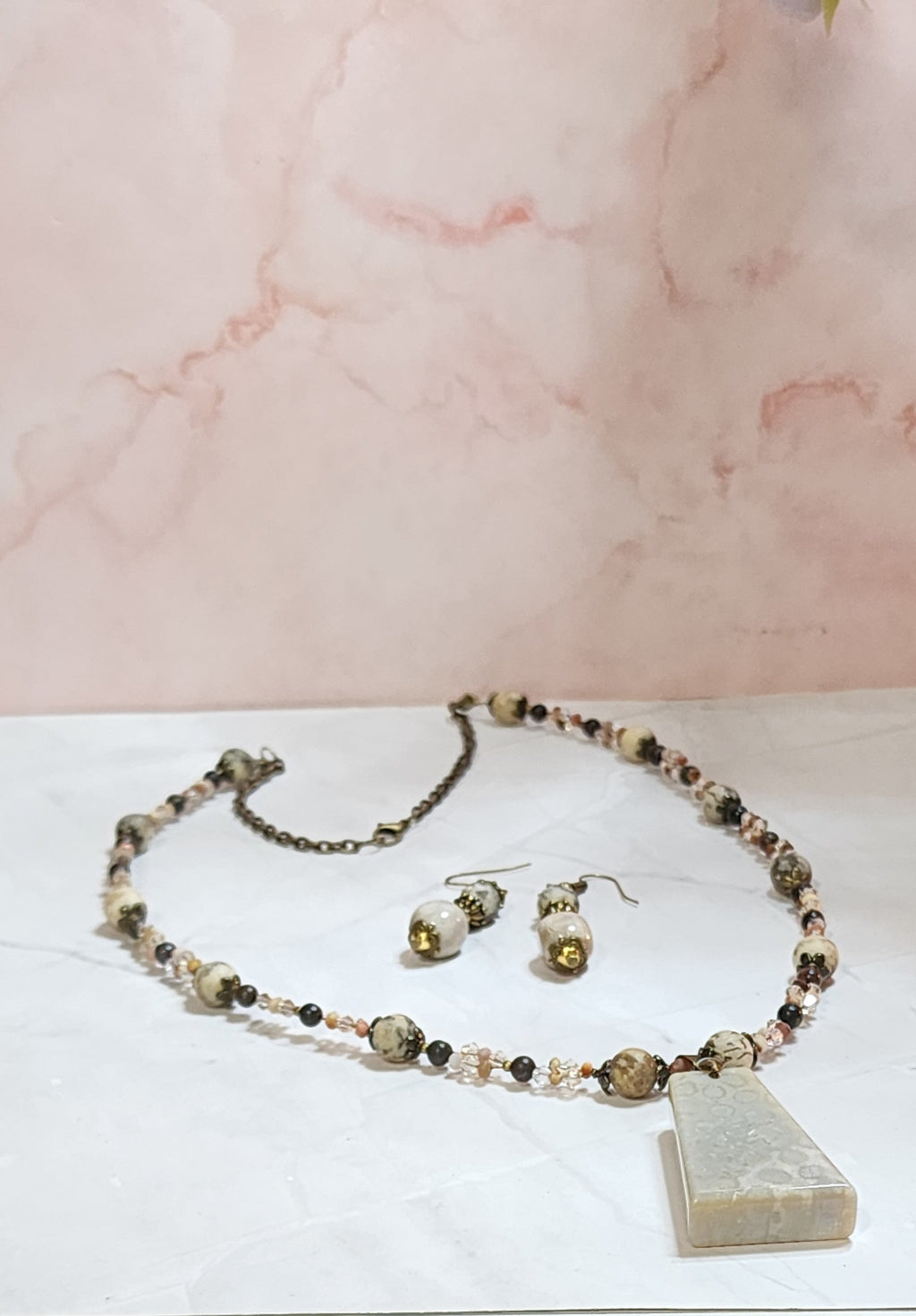 Fossil Coral & Feldspar Gemstone Jewelry Set • Handmade Necklace & Earrings • Natural Stone Artisan Gift