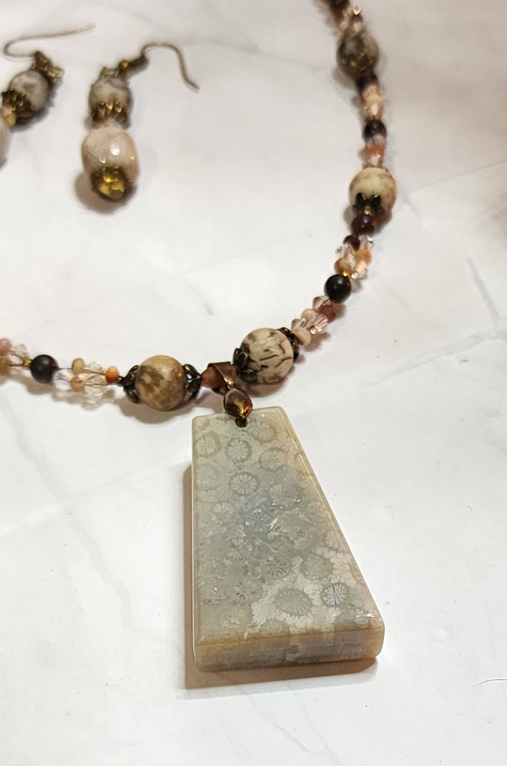 Fossil Coral & Feldspar Gemstone Jewelry Set • Handmade Necklace & Earrings • Natural Stone Artisan Gift