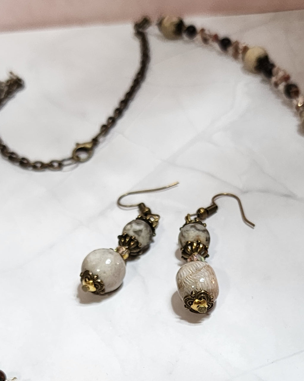 Fossil Coral & Feldspar Gemstone Jewelry Set • Handmade Necklace & Earrings • Natural Stone Artisan Gift