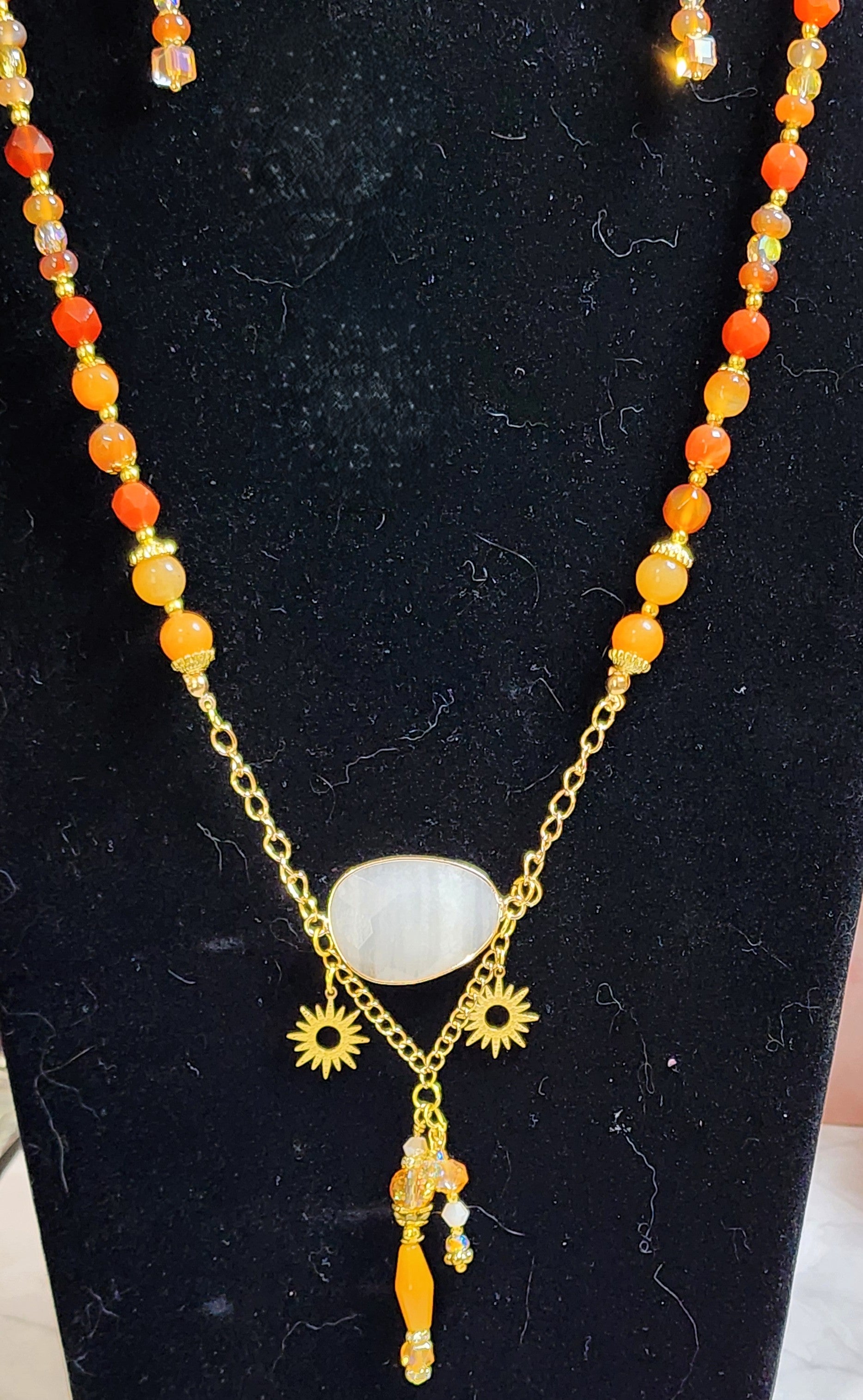 Pink Aventurine & Carnelian Sun Charm Necklace and Earring Set – Healing Crystal Jewelry, Boho Summer Jewelry, Handmade Gift for Her