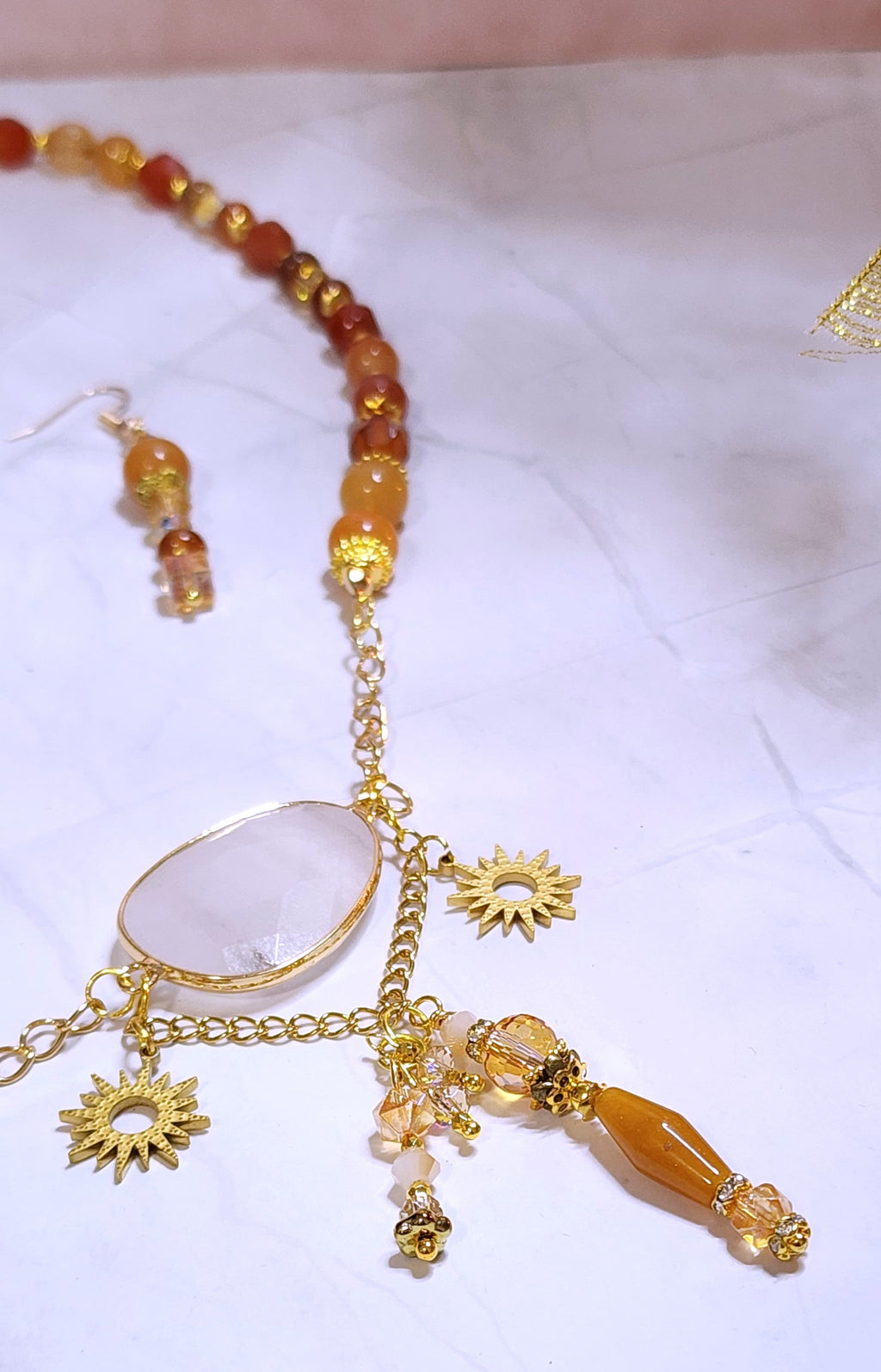 Pink Aventurine & Carnelian Sun Charm Necklace and Earring Set – Healing Crystal Jewelry, Boho Summer Jewelry, Handmade Gift for Her
