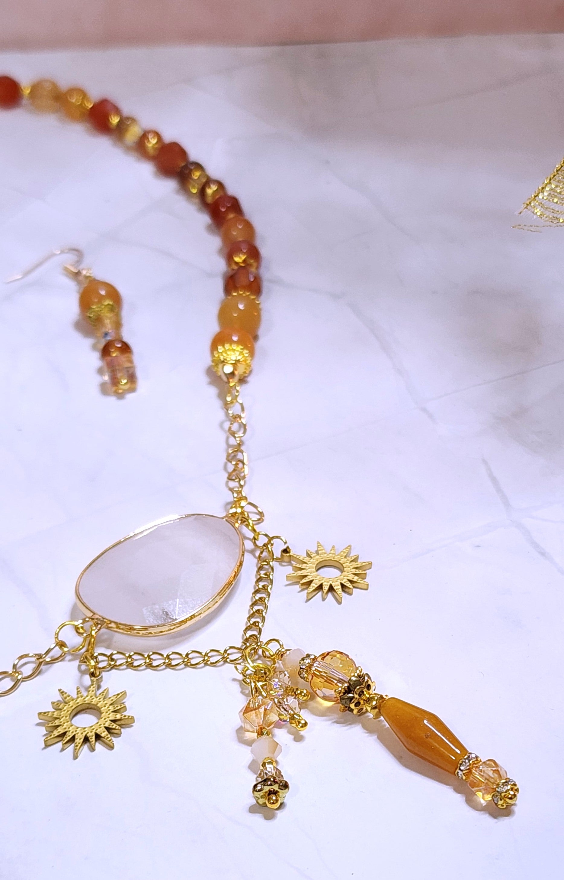 Pink Aventurine & Carnelian Sun Charm Necklace and Earring Set – Healing Crystal Jewelry, Boho Summer Jewelry, Handmade Gift for Her